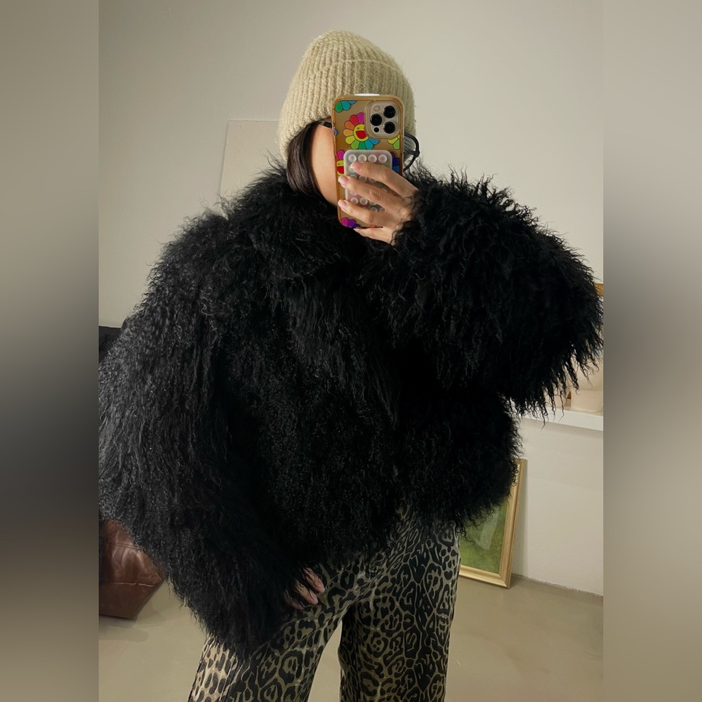 Real Mongolian Sheepskin Fur Coat- Black